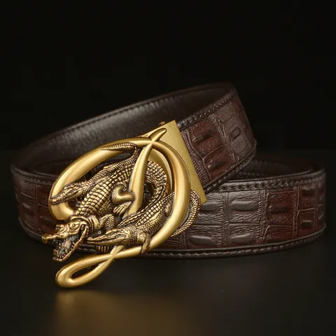 Men's Business Casual Leather Belt Automatic Buckle Crocodile Pattern Cowhide Waistband Metal Buckle