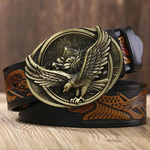 Men's Genuine Leather Casual Belt Vintage Eagle Metal Buckle Carved Cowhide Waistband For Jeans Fashion Accessories