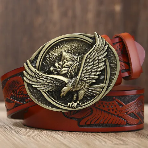 Men's Genuine Leather Casual Belt Vintage Eagle Metal Buckle Carved Cowhide Waistband For Jeans Fashion Accessories