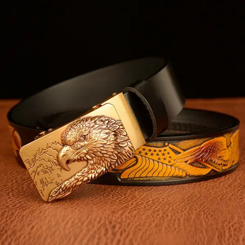 Men Vintage Genuine Leather Belt Eagle Automatic Buckle Embossed Casual Cowboy Pants Waistband Fashion Accessories