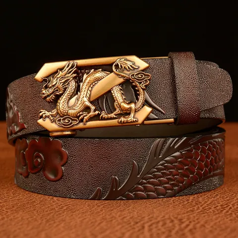 Men's Vintage Ethnic Style Dragon Pattern Embossed Cowhide Leather Belt Automatic Buckle Casual Business Trousers Belt For Men