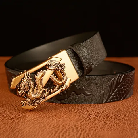 Men's Vintage Ethnic Style Dragon Pattern Embossed Cowhide Leather Belt Automatic Buckle Casual Business Trousers Belt For Men