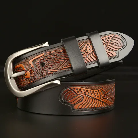 Men Vintage Genuine Leather Belt Eagle Carved Casual Cowhide Waistband With Alloy Pin Buckle For Jeans