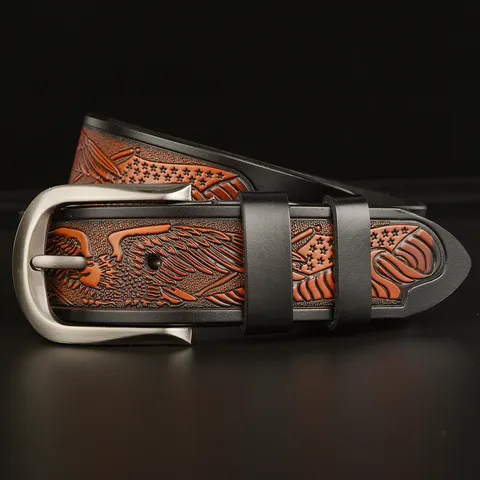 Men Vintage Genuine Leather Belt Eagle Carved Casual Cowhide Waistband With Alloy Pin Buckle For Jeans