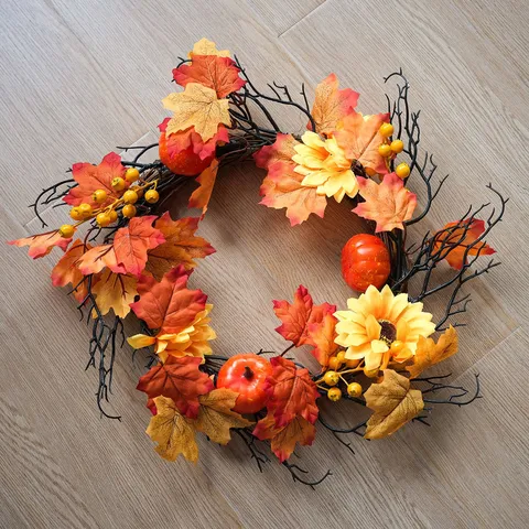 Autumn Wreath Artificial Pumpkin Maple Leaves Berries Pine Cones Hanging Swag Thanksgiving Christmas Wall Decoration Home Festival Ornament