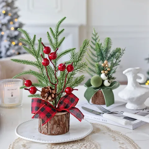 Mini Christmas Tree Desktop Ornament Wooden Base Artificial Pine Needle Table Top Festive Home Decoration