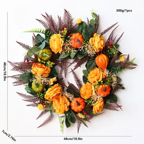 Halloween Wreath Decoration Autumn Pumpkin Wreath Artificial Maple Leaf Berry Garland Front Door Hanging Sign Yard Party Home Decor