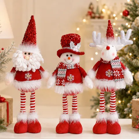 Christmas Telescopic Doll Ornament Santa Claus Snowman Reindeer Plush Toy With Retractable Legs For Home Holiday Decoration