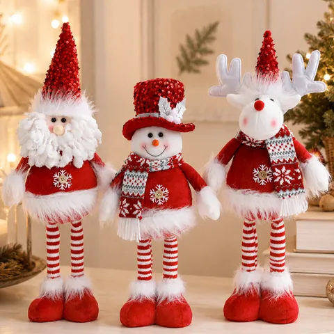 Christmas Telescopic Doll Ornament Santa Claus Snowman Reindeer Plush Toy With Retractable Legs For Home Holiday Decoration