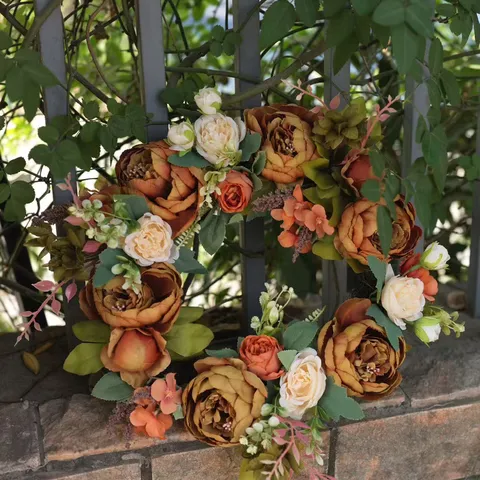 Artificial Peony Rose Flower Wreath Rustic Plant Hanging Ornament For Front Door Wedding Christmas Home Decoration