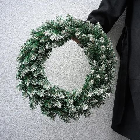 Christmas Artificial Green Pine Needle Wreath Frosted White Tip Snow Decoration Holiday Festival Door Wall Hanging Ornaments Holiday Decor