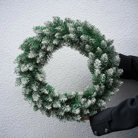 Christmas Artificial Green Pine Needle Wreath Frosted White Tip Snow Decoration Holiday Festival Door Wall Hanging Ornaments Holiday Decor