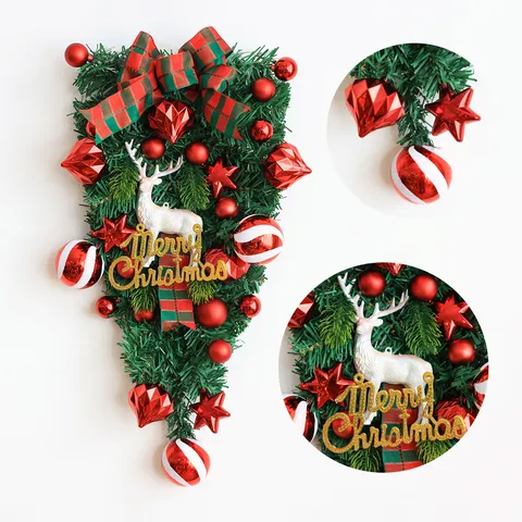 Christmas Upside Down Tree Decoration Red Pine Needle Hanging Ornament With Reindeer Plaid Bow For Outdoor Garden Wall Decor