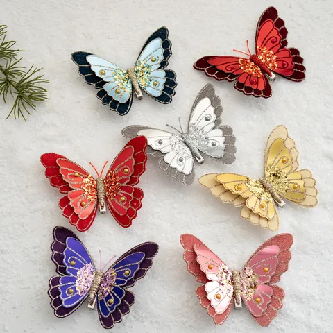 Ornements de Clip de Papillon en Maille de Velours Pailleté de Simulation Accessoires de Noeud en Strass Artificiel Pour Décoration de Fête Suspendue à L'Arbre de Noël