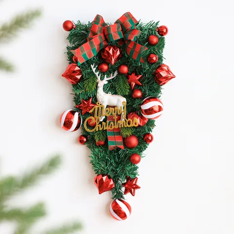 Christmas Upside Down Tree Decoration Red Pine Needle Hanging Ornament With Reindeer Plaid Bow For Outdoor Garden Wall Decor