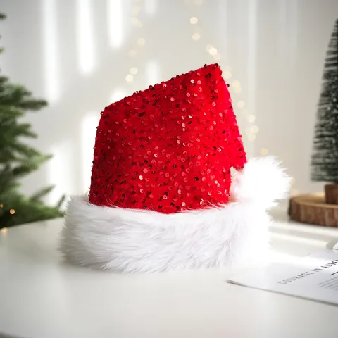Christmas Sequin Santa Hat With White Plush Trim And Pom Pom For Adults Kids Festive Party Costume Accessory