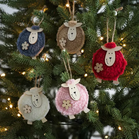 Ornamento Appeso per Albero di Natale in Feltro a Forma di Pecora Pompon Pendente Animale Carino Decorazione per Festa Con Viso in Legno