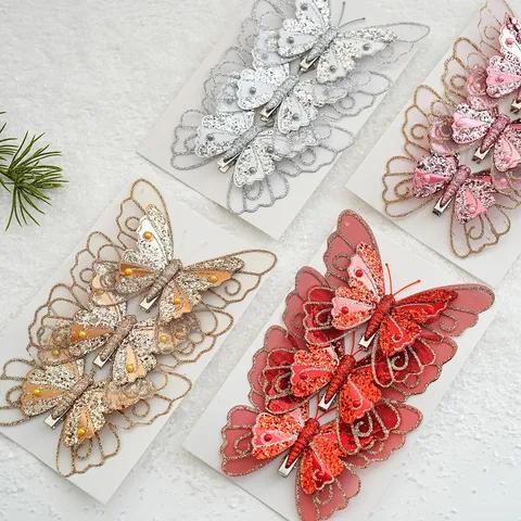 Ornements de Clip de Papillon en Maille de Velours Pailleté de Simulation Accessoires de Noeud en Strass Artificiel Pour Décoration de Fête Suspendue à L'Arbre de Noël
