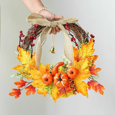 Autumn Maple Leaf Pumpkin Wreath For Thanksgiving Halloween Wall Hanging Rattan Wreath Festival Front Door Decoration Home Ornaments