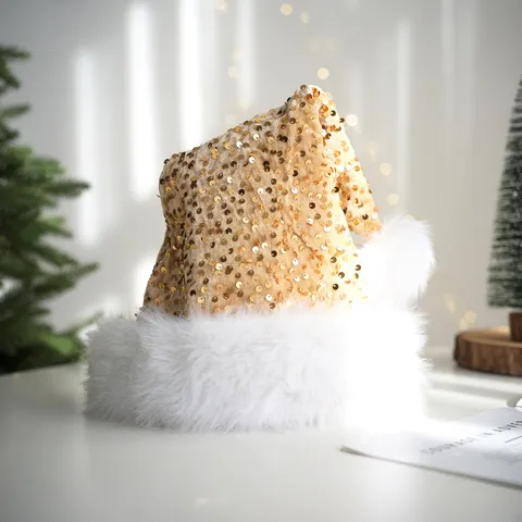 Christmas Sequin Santa Hat With White Plush Trim And Pom Pom For Adults Kids Festive Party Costume Accessory