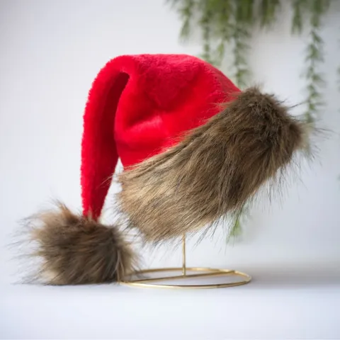 Plush Christmas Hat Soft Fabric Festive Party Santa Hat Red Brown Faux Fur Xmas Cap For Adults Kids Holiday Decoration