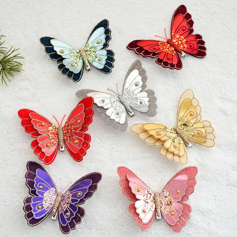 Christmas Decoration PVC Glitter Double Layer Mesh Butterfly Clips Simulation Butterfly Ornaments For Christmas Tree Wreath Party Home