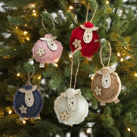 Ornamento Appeso per Albero di Natale in Feltro a Forma di Pecora Pompon Pendente Animale Carino Decorazione per Festa Con Viso in Legno