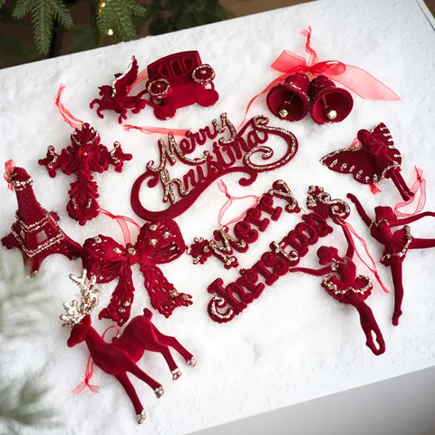 Décorations de Noël Floquées Rouge Vin Paillettes Renne Nœud Tour Eiffel Joyeux Noël Lettre Décor Suspendu pour Fête de Noël Arbre