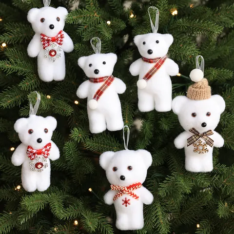 White Flocked Foam Christmas Bear Hanging Ornaments Festive Snowman Miniature Pendant Animal Squirrel Dog Tree Decoration for Party Home