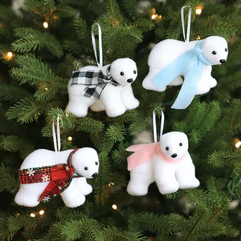 White Flocked Foam Christmas Bear Hanging Ornaments Festive Snowman Miniature Pendant Animal Squirrel Dog Tree Decoration for Party Home