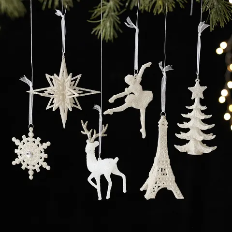 Blanco Purpurina Adornos Colgantes Árbol de Navidad PVC Copo de Nieve Reno Ángel Estrella Lazo Navidad Decoración de Fiesta Hogar