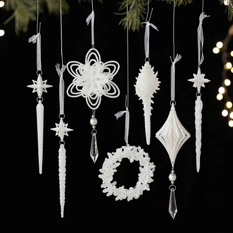 Blanco Purpurina Adornos Colgantes Árbol de Navidad PVC Copo de Nieve Reno Ángel Estrella Lazo Navidad Decoración de Fiesta Hogar