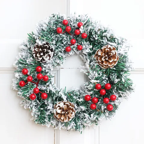 Guirnalda de Navidad Artificial Flocada Con Bayas Rojas y Piñas Decoración para Colgar en la Puerta Ventana Adorno Festivo para el Hogar