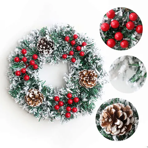 Guirnalda de Navidad Artificial Flocada Con Bayas Rojas y Piñas Decoración para Colgar en la Puerta Ventana Adorno Festivo para el Hogar