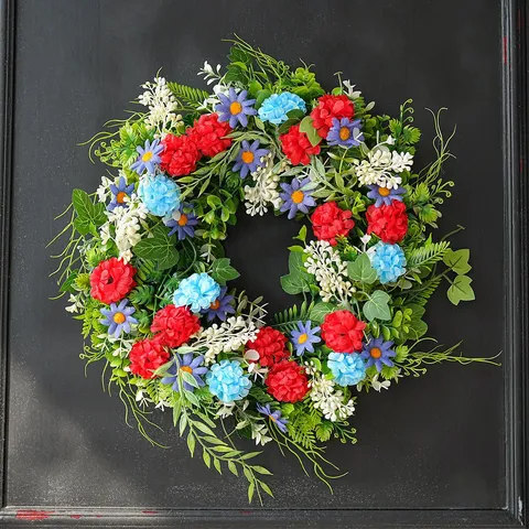 Independence Day Artificial Wreath Patriotic Floral Front Door Decoration Red White Blue Hydrangea Wreath Home Wall Hanging Wreath For Patriotic Festival Ornament