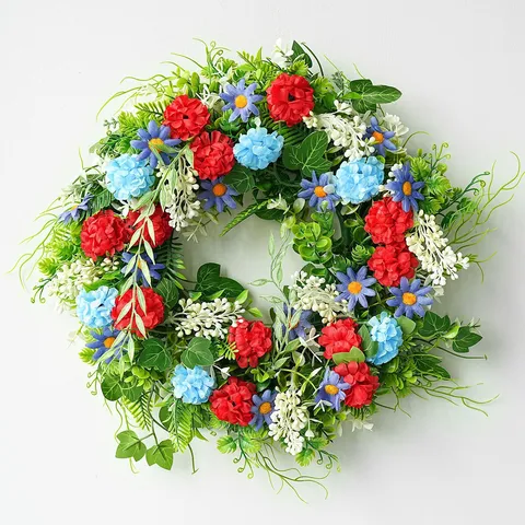 Independence Day Artificial Wreath Patriotic Floral Front Door Decoration Red White Blue Hydrangea Wreath Home Wall Hanging Wreath For Patriotic Festival Ornament