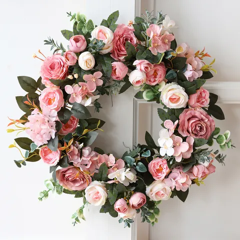Couronne de Fleurs Rose Pivoine Artificielle Pastorale Européenne 17 Pouces Guirlande de Porte pour Mariage Maison Décor