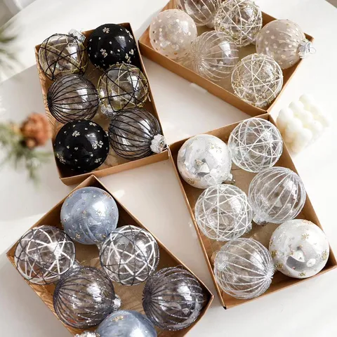 European Plastic Christmas Ball Ornaments Set Glitter Hand Painted Grid Line Christmas Tree Hanging Decoration Baubles For Festive Holiday Party Decor