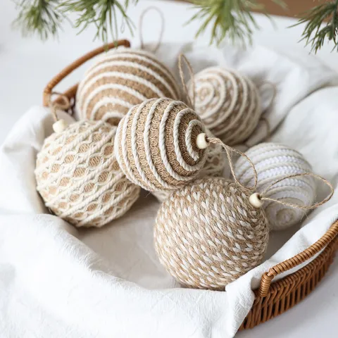Nordische Stijl Hennep Touw Omwikkelde Kerstboomversieringen Katoenen Koord Schuimbal Hangende Decoratie Voor Feest