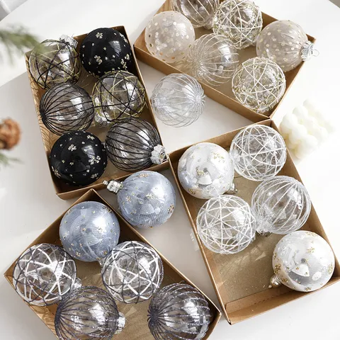 European Plastic Christmas Ball Ornaments Set Glitter Hand Painted Grid Line Christmas Tree Hanging Decoration Baubles For Festive Holiday Party Decor