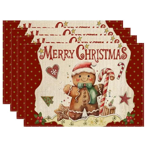 Christmas Place Mats Linen Cotton Printed Gingerbread Man Snowman Reusable Heat Resistant Table Mats For Dining Room Kitchen Home Decor