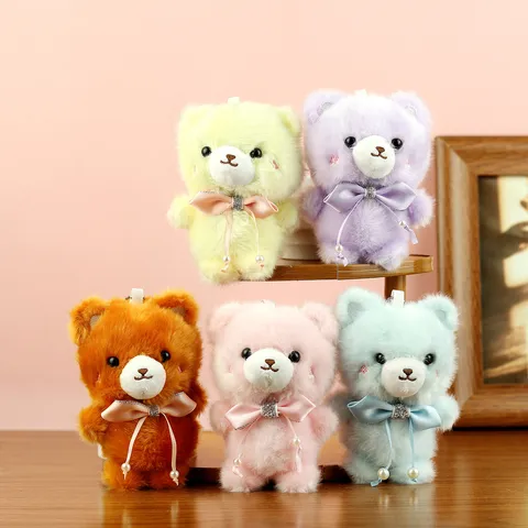 Cute Teddy Bear Plush Keychain Pendant With Bow Tie Artificial Pearl Decoration Soft Animal Doll For Bag Charm Keyring Gift