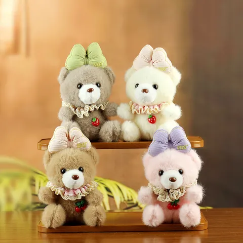 Cute Cartoon Teddy Bear Plush Toy Pendant Soft Polyester Backpack Keychain Hanging Ornament With Lace Bowknot