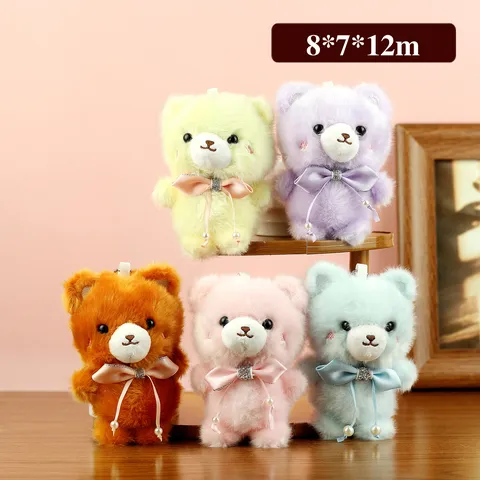 Cute Teddy Bear Plush Keychain Pendant With Bow Tie Artificial Pearl Decoration Soft Animal Doll For Bag Charm Keyring Gift