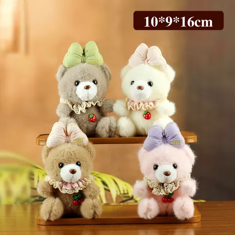 Cute Cartoon Teddy Bear Plush Toy Pendant Soft Polyester Backpack Keychain Hanging Ornament With Lace Bowknot