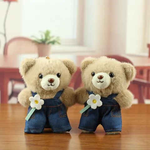 Mignon Ours en Peluche Porte-Clés Salopette Fleur Mini Ours en Peluche Poupée Sac à Dos Pendentif pour Cadeau d'Anniversaire