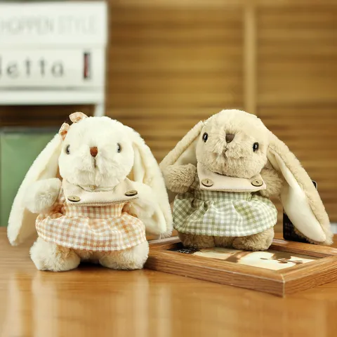 Cute Lily Rabbit Plush Toy Long Ears Bunny Doll With Plaid Dress Stuffed Animal Pendant For Children Birthday Gift Decor