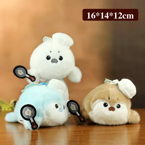 Cute Mini Chef Sea Otter Plush Toy Keychain Soft Seal Animal Bag Charm Pendant With Pan Embroidery For Backpack Keys Decoration