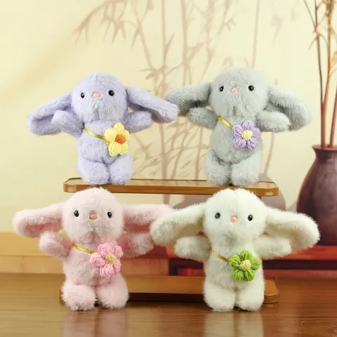 Cute Plush Rabbit Keychain with Knit Flower Decoration Soft Long Ear Bunny Doll for Backpack Bag Pendant Kids Girls Women Gift