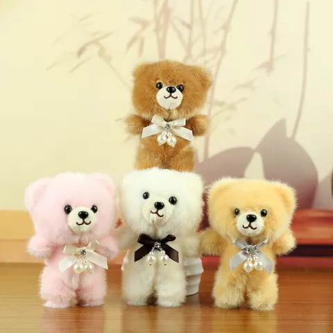 Cute Plush Teddy Bear Pendant Keychain With Bowknot Artificial Pearl Rhinestone Soft Animal Toy For Bags Charms Gift